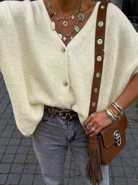 White Casual Oversized Knit Women's V-Neck Button Short Sleeve Cardigan